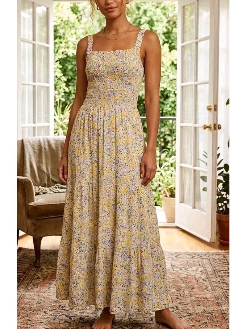 Black Tape Sundress Womens S Yellow Floral Smocked Square Neck Maxi Boho Summer